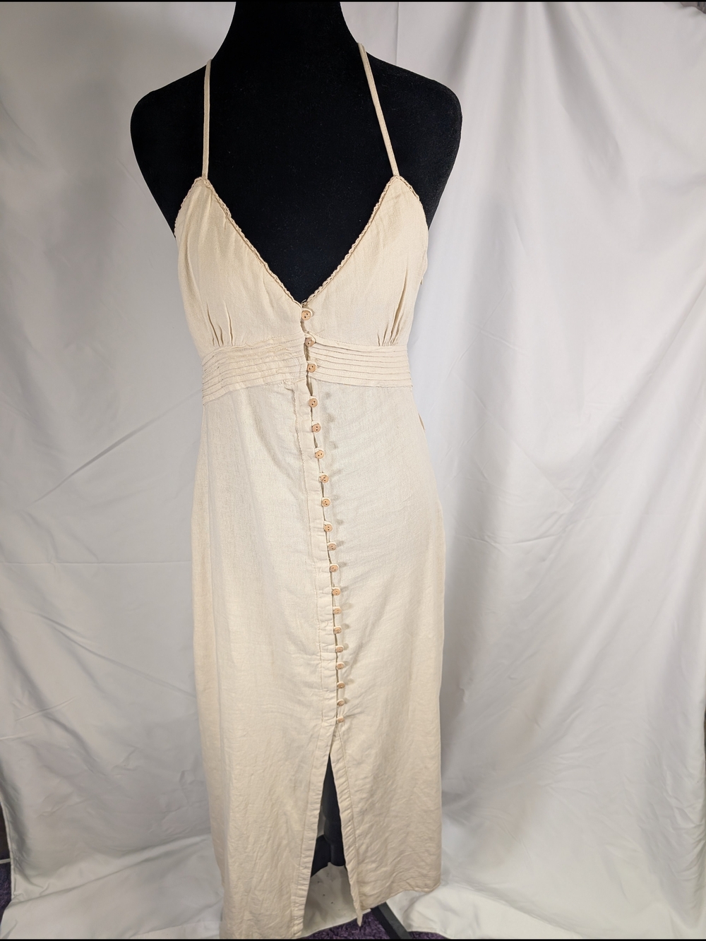 Zara Cream Spaghetti-Strap Midi Dress with Front Buttons